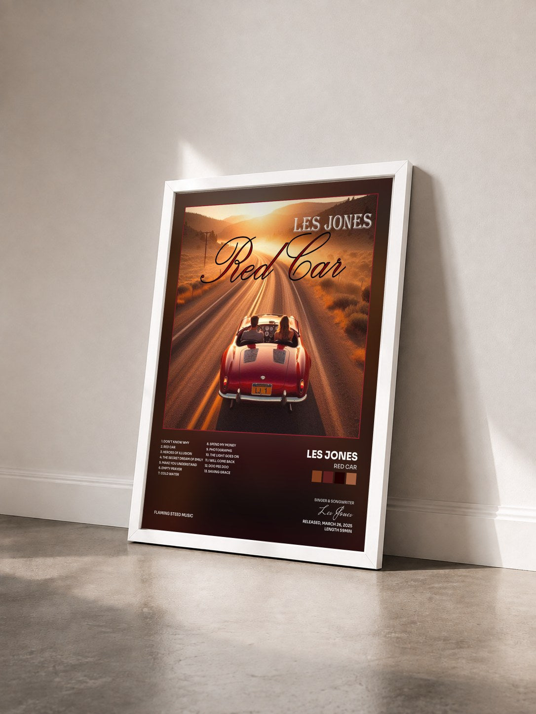 #blanc Tableau de l'album Red Car de Les Jones vu de trois quarts, cadre blanc