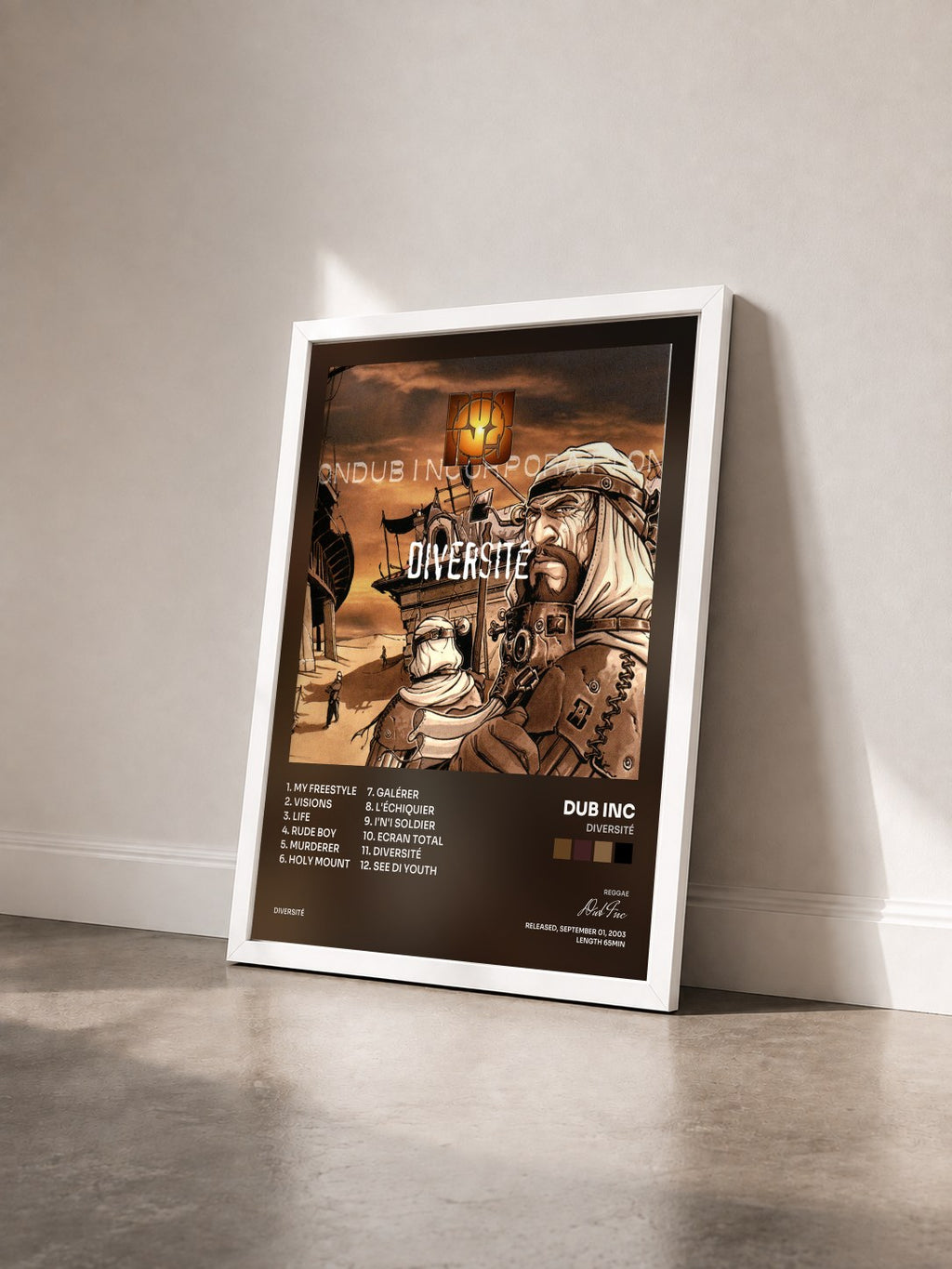 #blanc Tableau de l'album Diversité de Dub Inc vu de trois quarts, cadre blanc