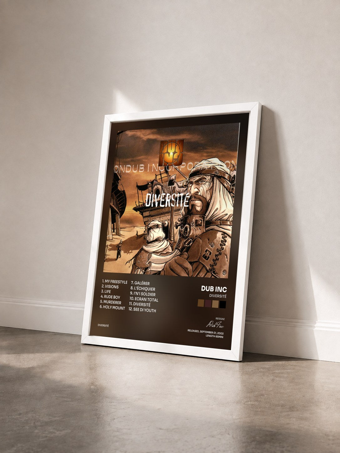 #blanc Tableau de l'album Diversité de Dub Inc vu de trois quarts, cadre blanc