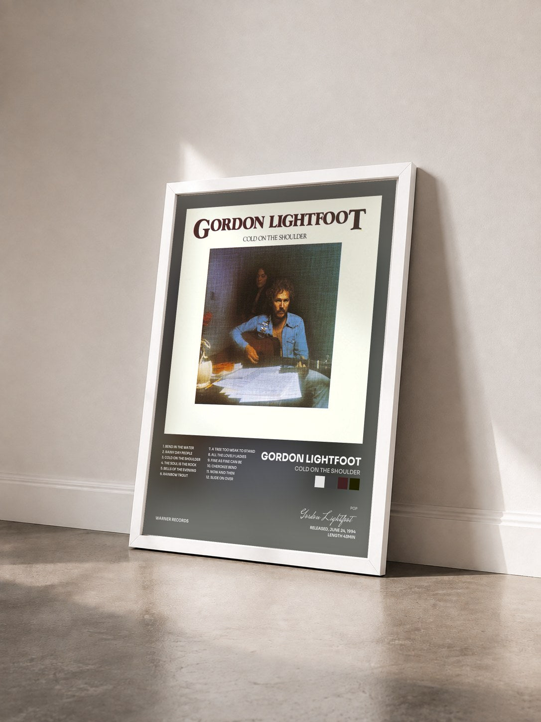 #blanc Tableau de l'album Cold on the Shoulder de Gordon Lightfoot vu de trois quarts, cadre blanc