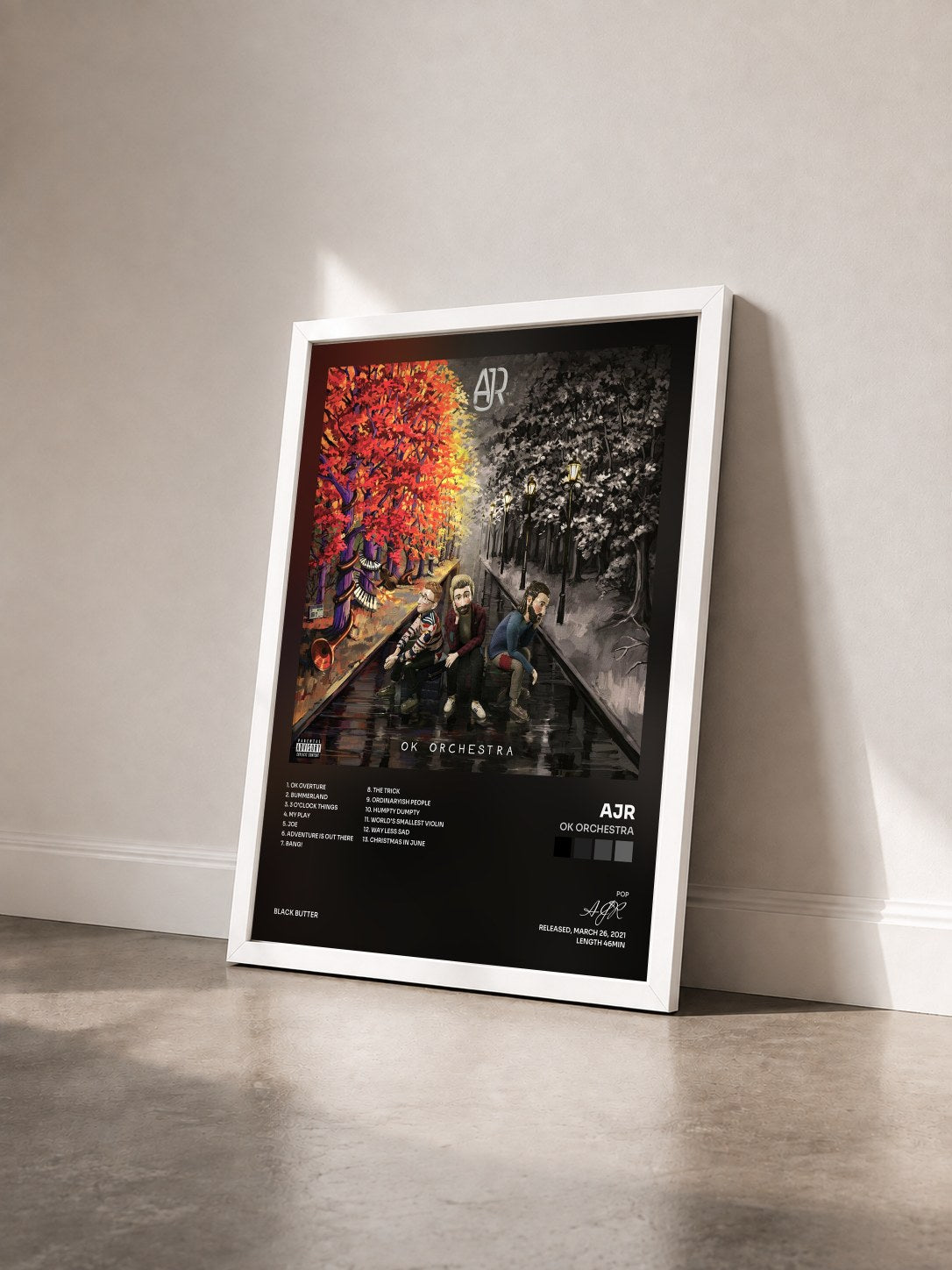 #blanc Tableau de l'album OK ORCHESTRA de AJR vu de trois quarts, cadre blanc