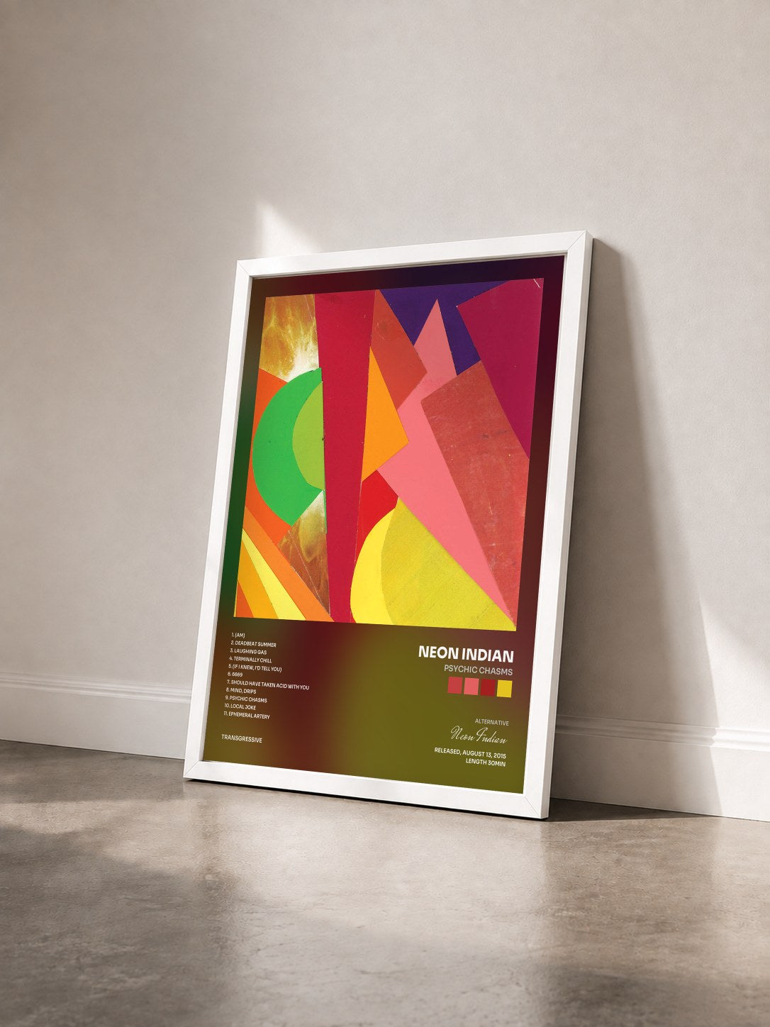 #blanc Tableau de l'album Psychic Chasms de Neon Indian vu de trois quarts, cadre blanc