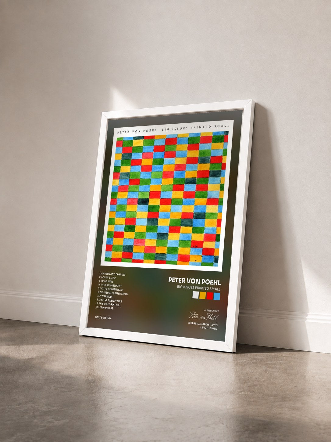 #blanc Tableau de l'album Big Issues Printed Small de Peter von Poehl vu de trois quarts, cadre blanc