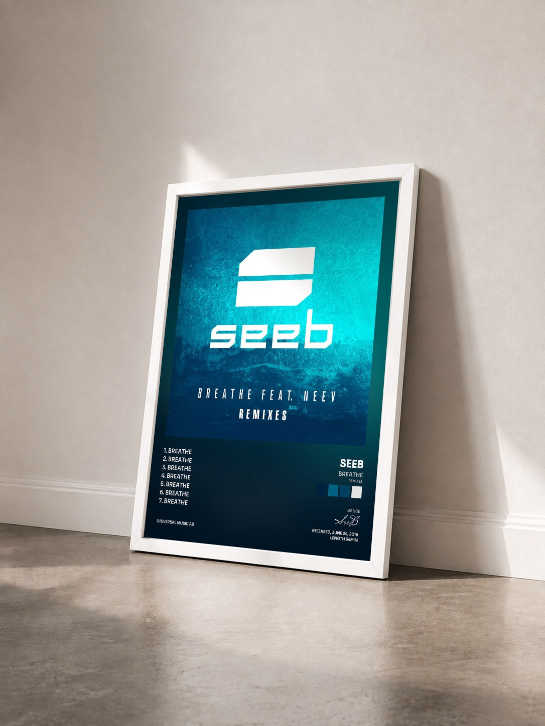 #blanc Tableau de l'album Breathe (Remixes) de SeeB vu de trois quarts, cadre blanc