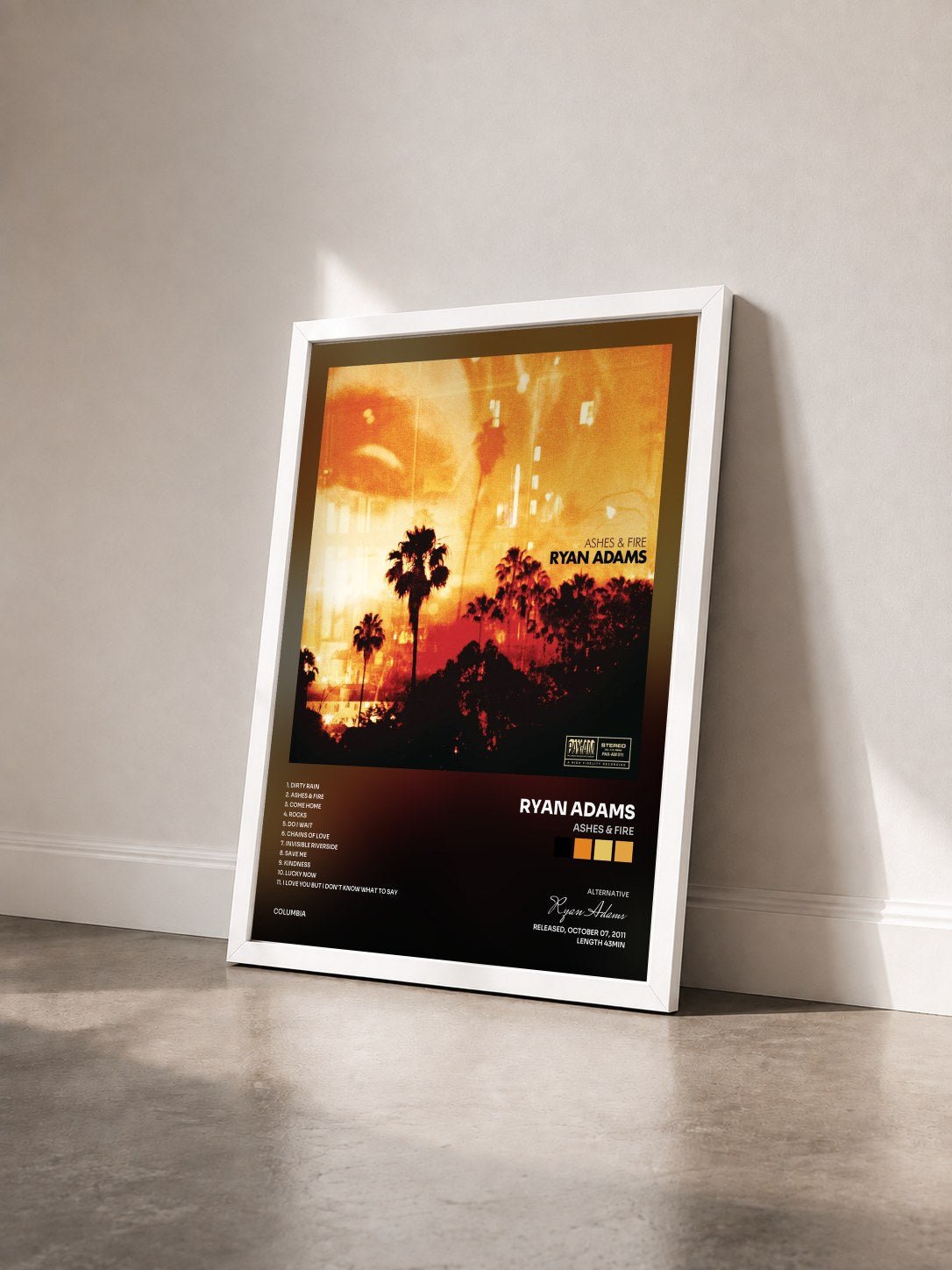 #blanc Tableau de l'album Ashes & Fire de Ryan Adams vu de trois quarts, cadre blanc
