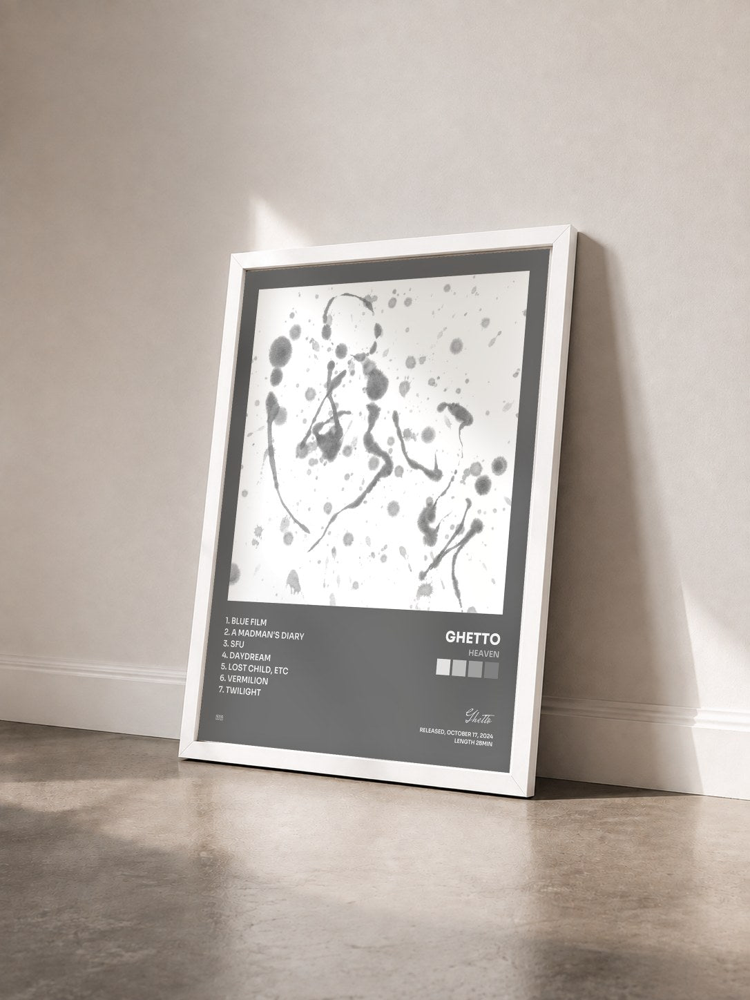 #blanc Tableau de l'album Heaven de Ghetto vu de trois quarts, cadre blanc
