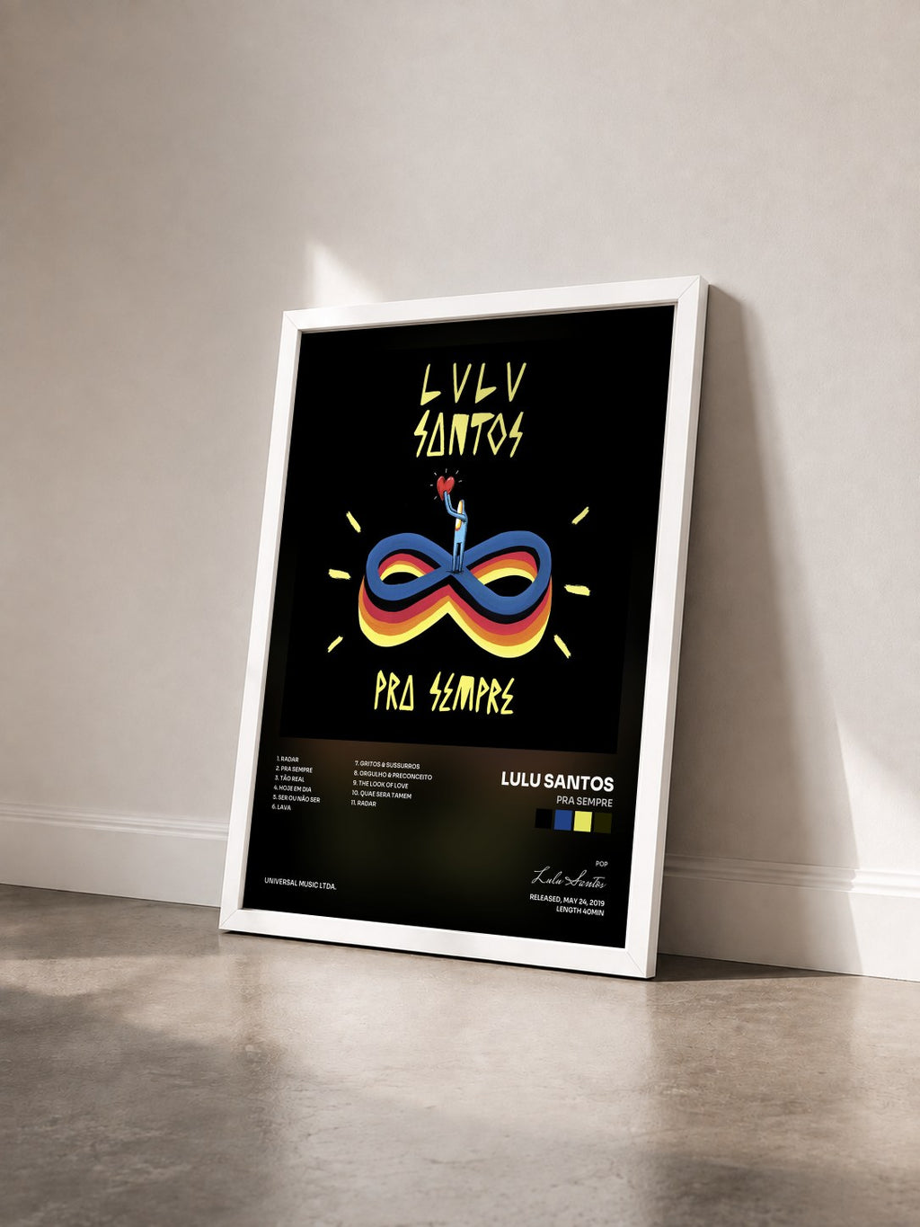 #blanc Tableau de l'album Pra Sempre de Lulu Santos vu de trois quarts, cadre blanc