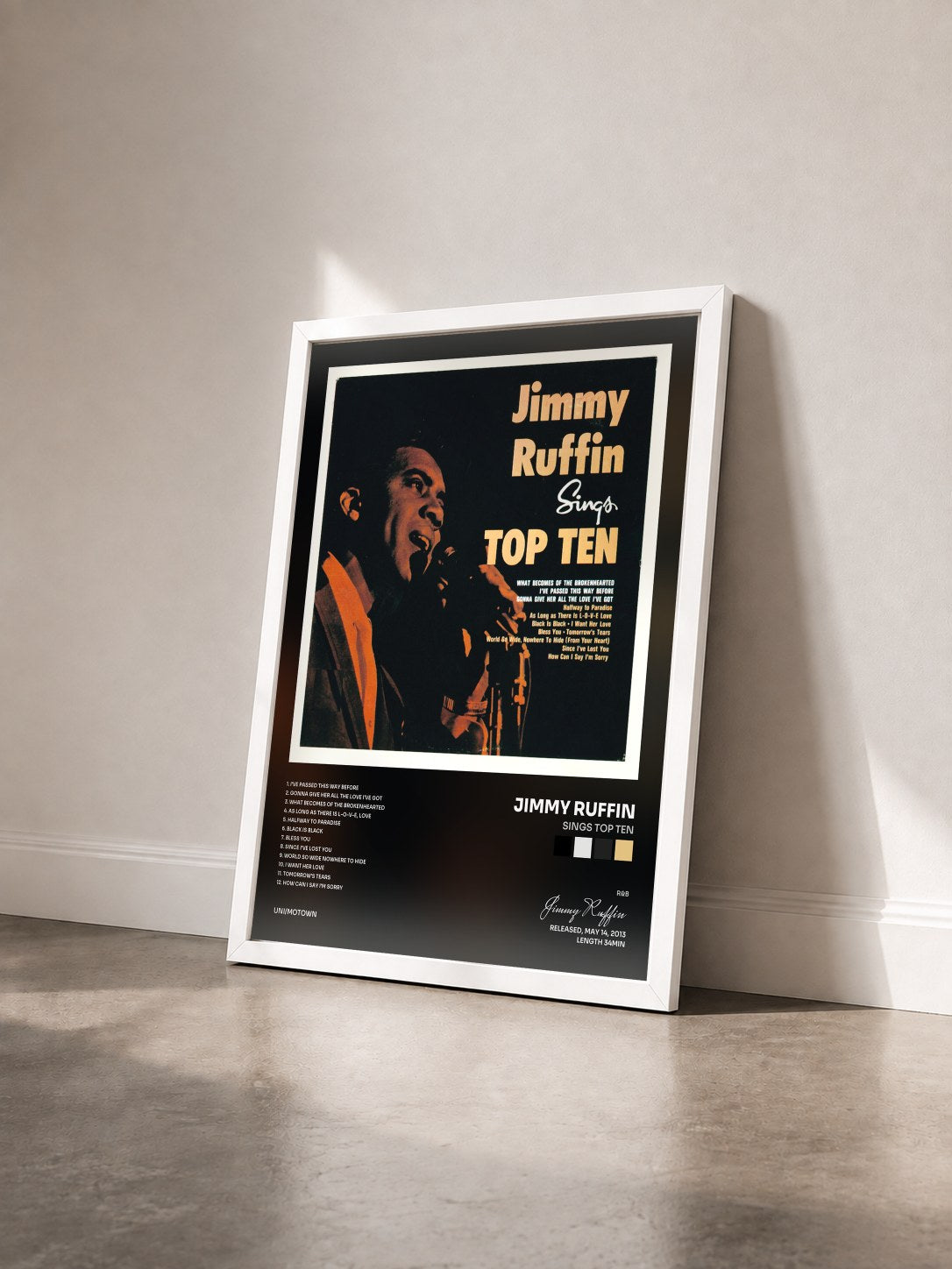 #blanc Tableau de l'album Sings Top Ten de Jimmy Ruffin vu de trois quarts, cadre blanc