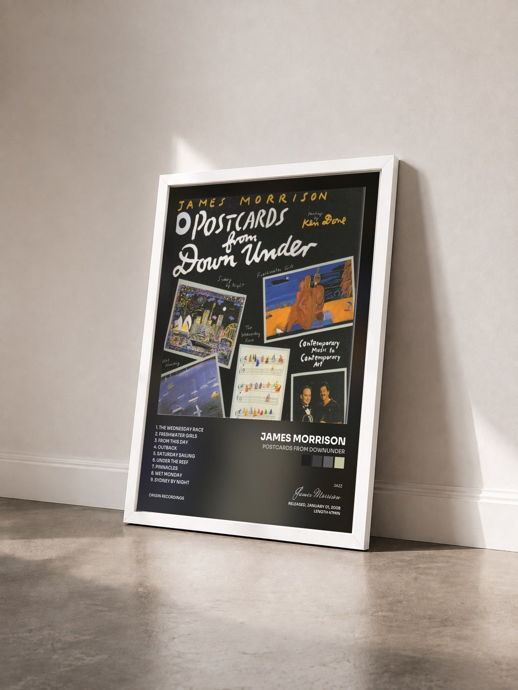 #blanc Postcards From Downunder di James Morrison in stampa incorniciata vista di tre quarti, cornice bianca