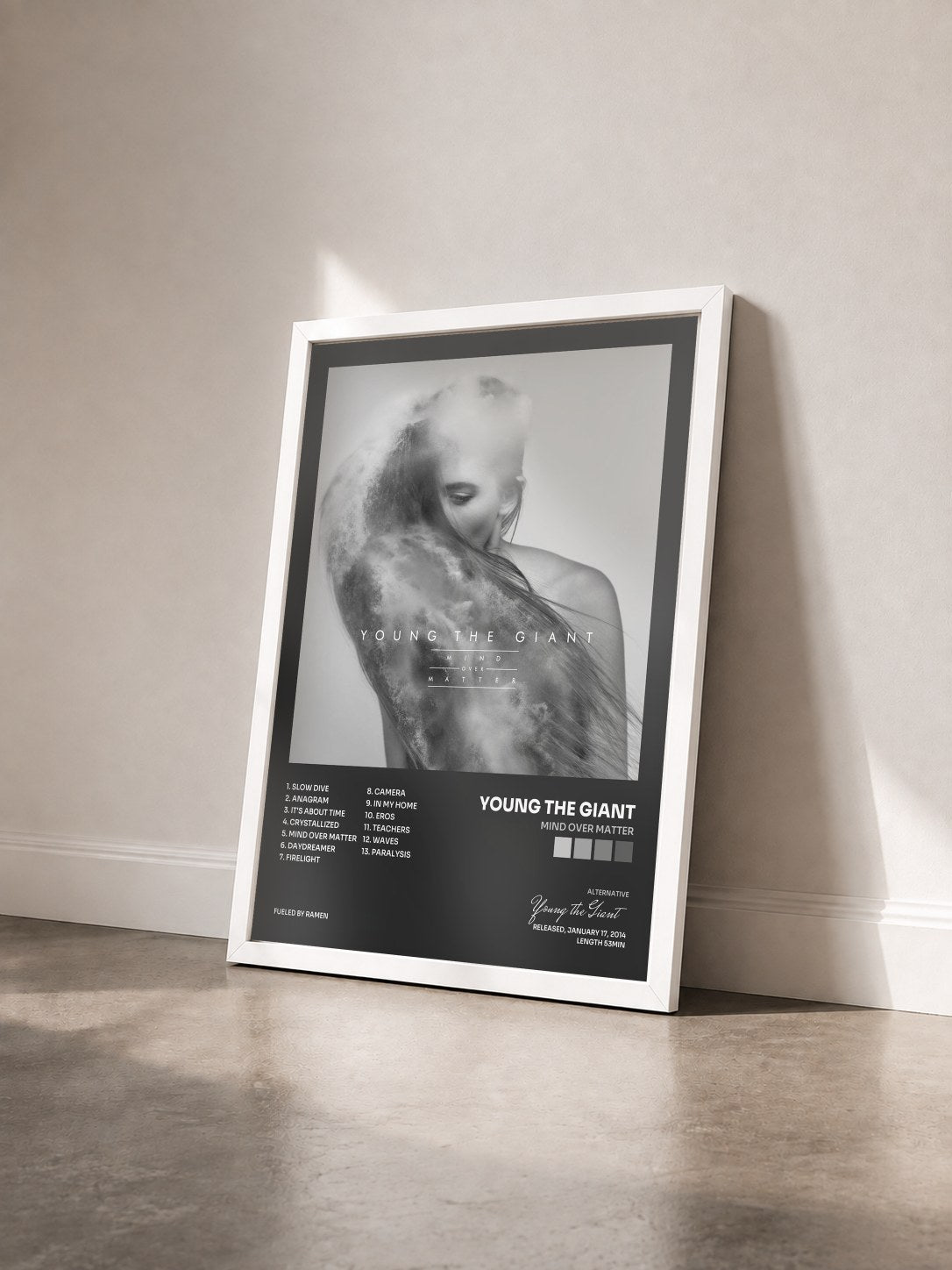 #blanc Tableau de l'album Mind Over Matter de Young the Giant vu de trois quarts, cadre blanc