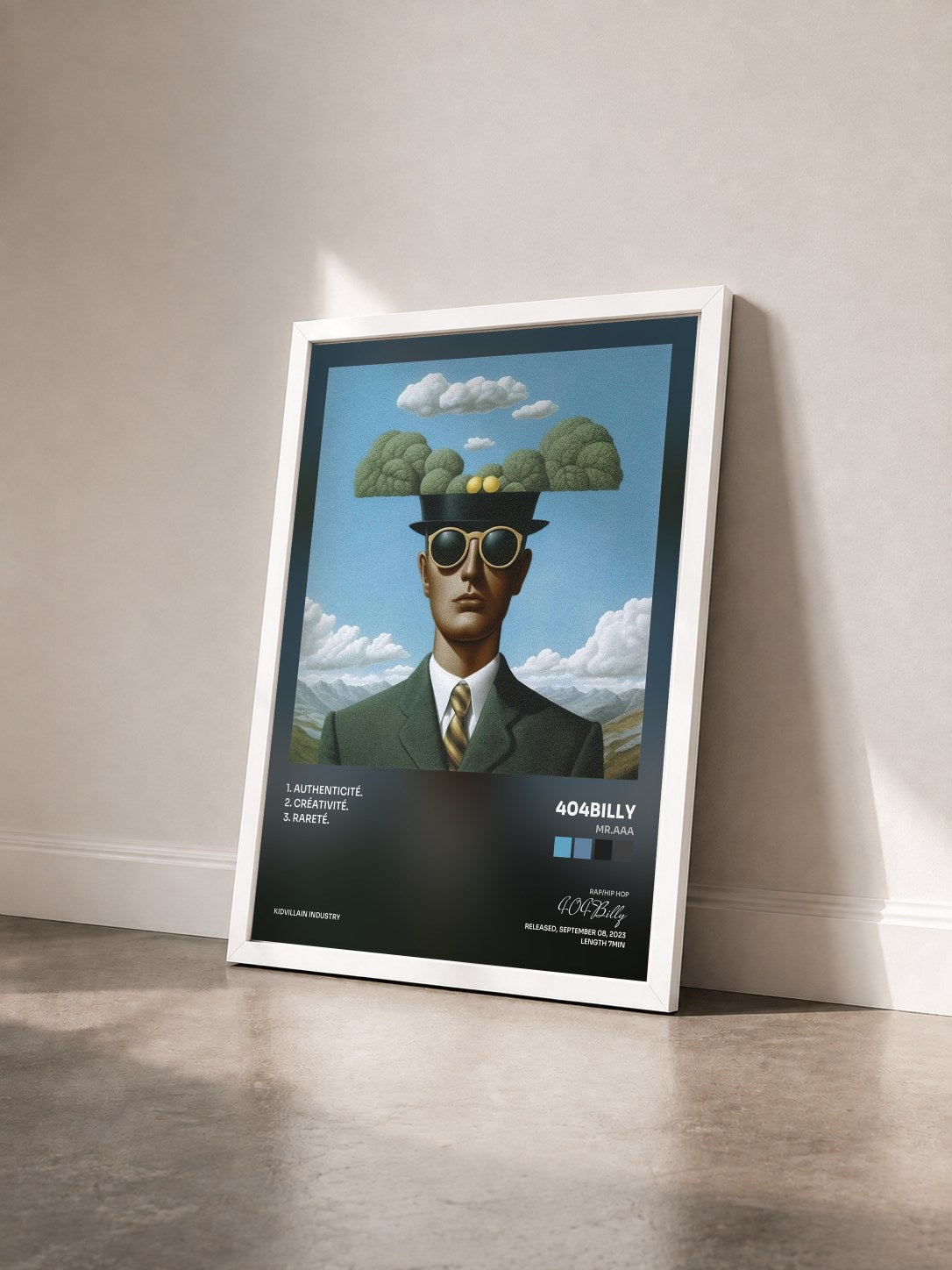 #blanc Tableau de l'album Mr.AAA de 404Billy vu de trois quarts, cadre blanc