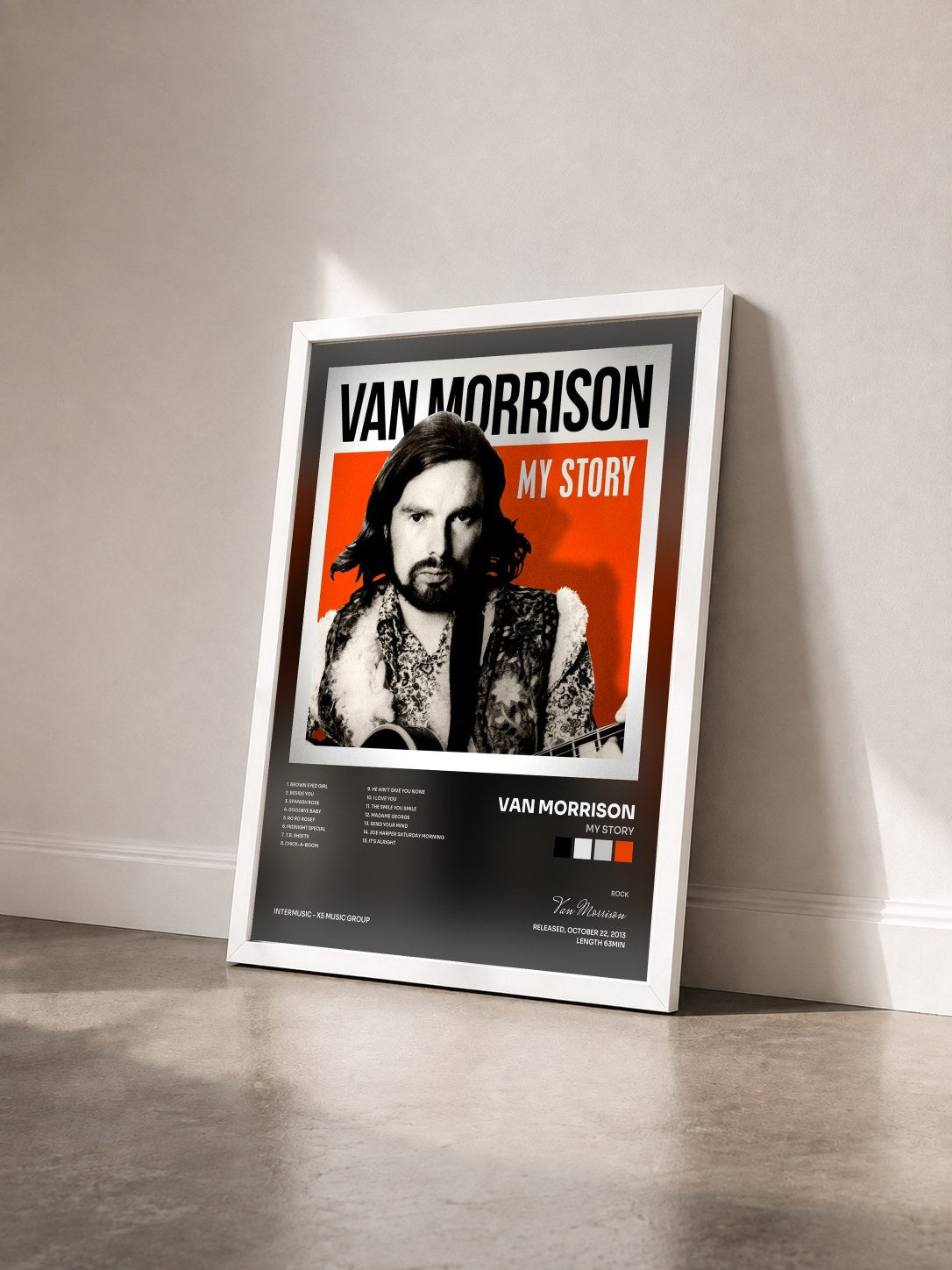 #blanc Tableau de l'album My Story de Van Morrison vu de trois quarts, cadre blanc