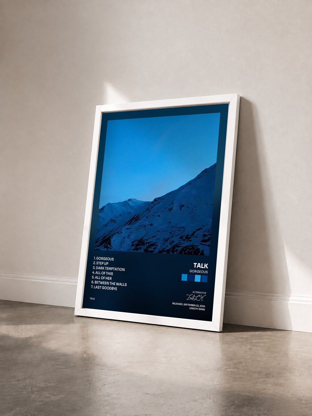 #blanc Tableau de l'album Gorgeous de TALK vu de trois quarts, cadre blanc