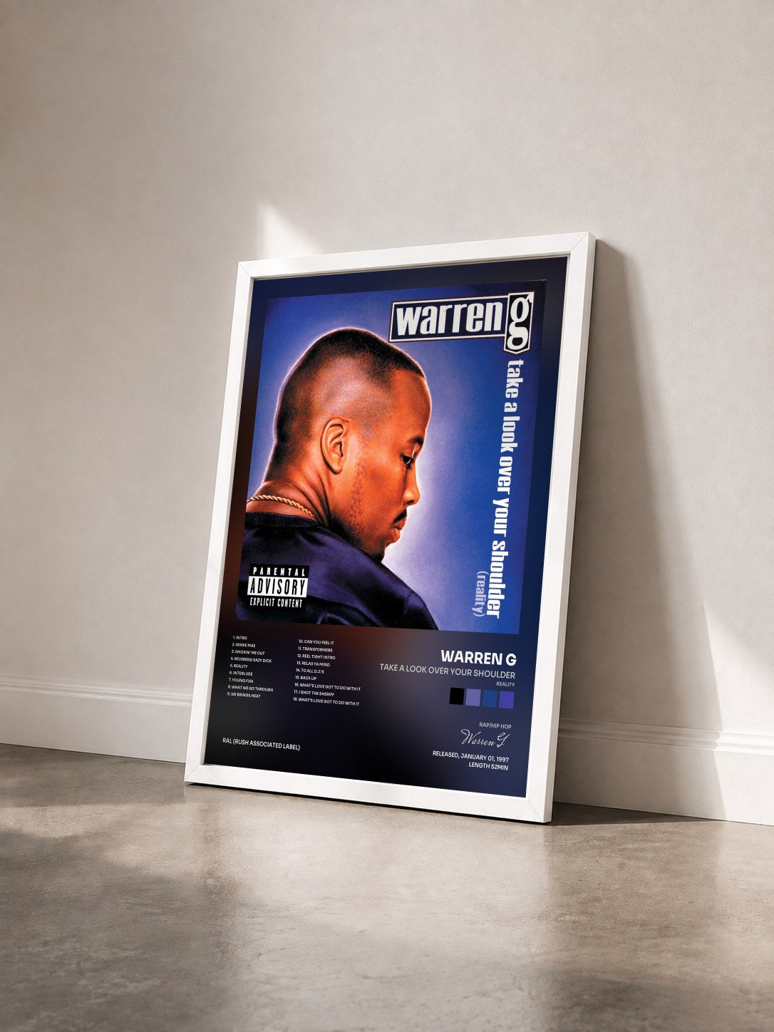 #blanc Tableau de l'album Take A Look Over Your Shoulder (Reality) de Warren G vu de trois quarts, cadre blanc