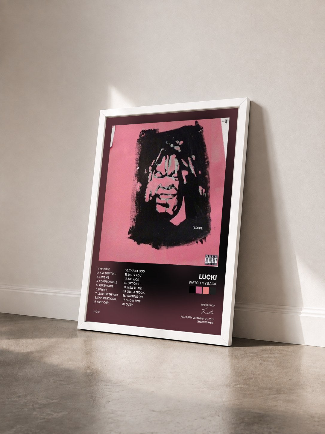 #blanc Tableau de l'album Watch My Back de Lucki vu de trois quarts, cadre blanc