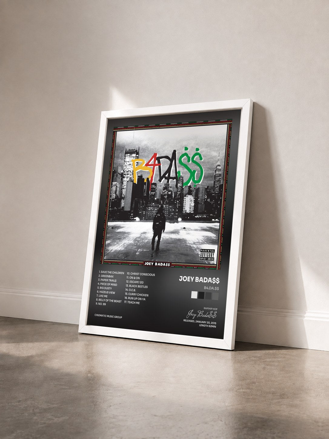 #blanc Tableau de l'album B4.DA.$$ de Joey Bada$$ vu de trois quarts, cadre blanc
