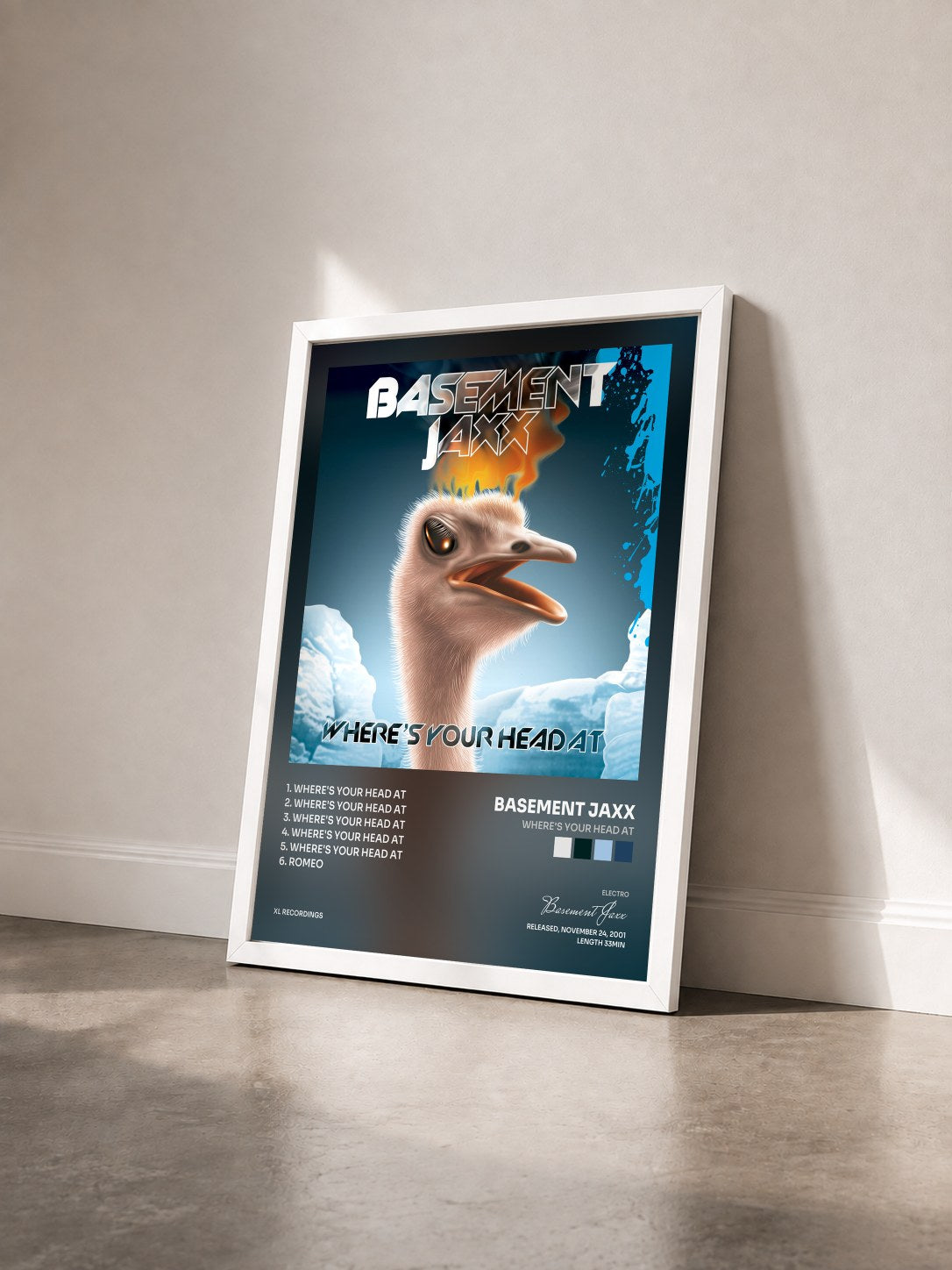 #blanc Tableau de l'album Where's Your Head At de Basement Jaxx vu de trois quarts, cadre blanc