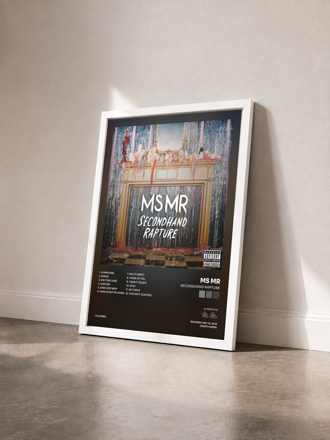 #blanc Tableau de l'album Secondhand Rapture de Ms Mr vu de trois quarts, cadre blanc