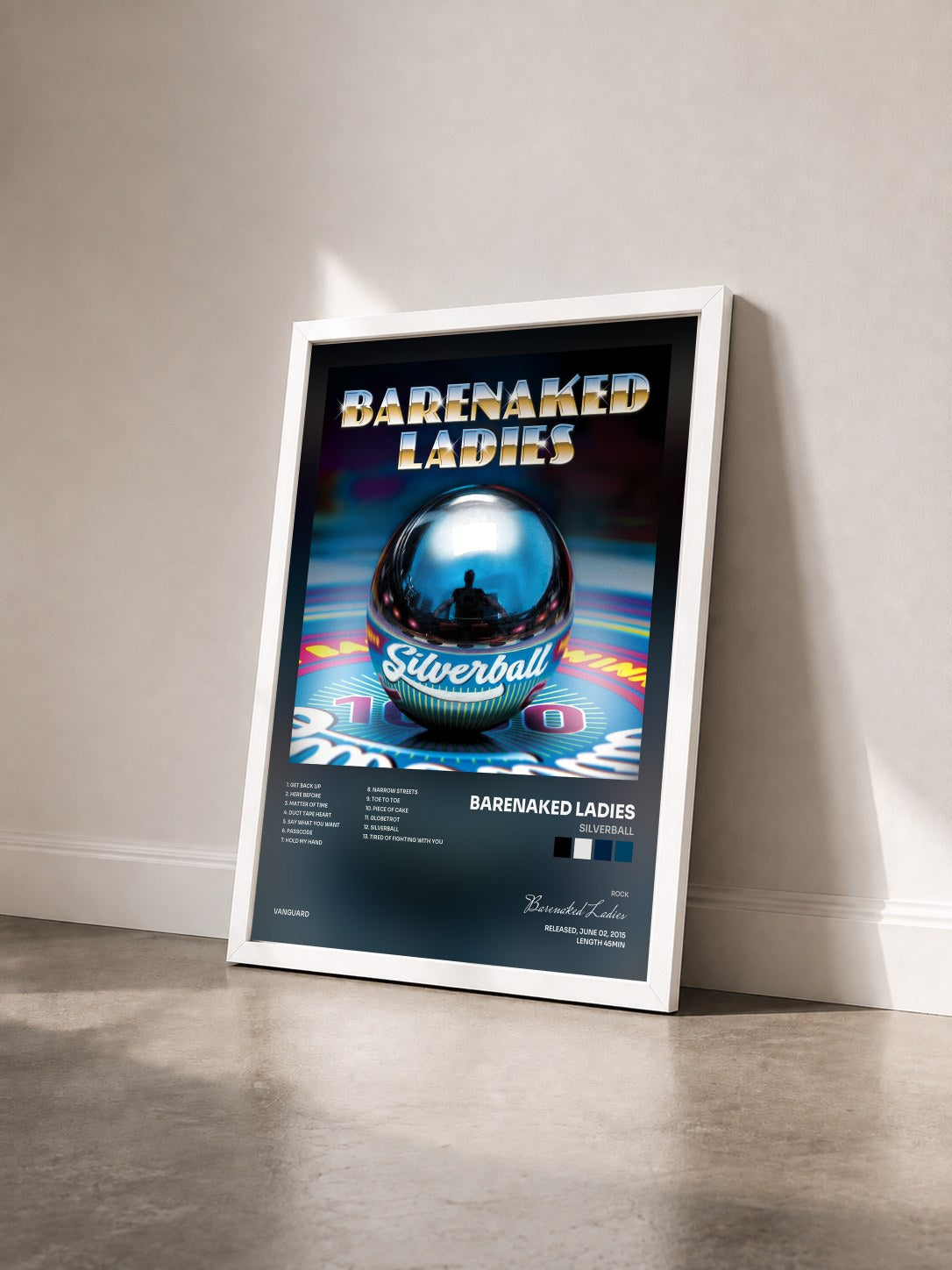#blanc Tableau de l'album Silverball de Barenaked Ladies vu de trois quarts, cadre blanc