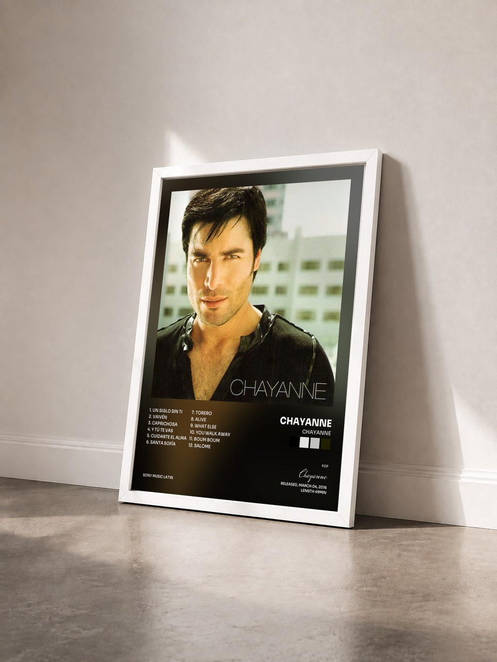 #blanc Tableau de l'album Chayanne de Chayanne vu de trois quarts, cadre blanc