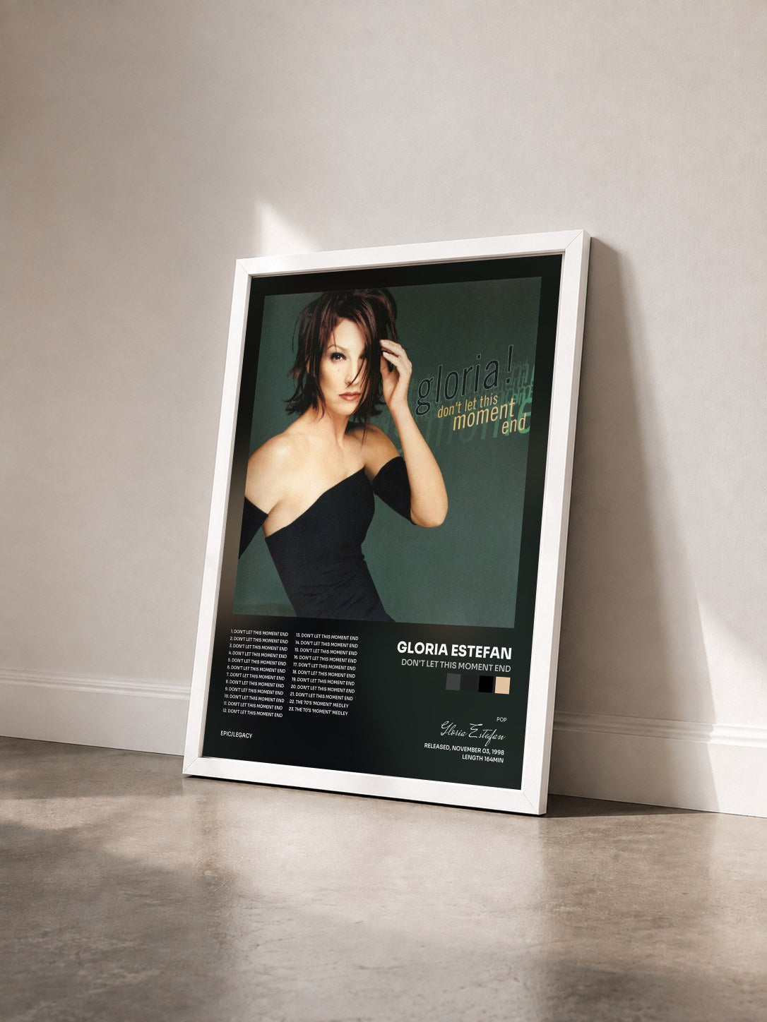 #blanc Tableau de l'album Don't Let This Moment End de Gloria Estefan vu de trois quarts, cadre blanc