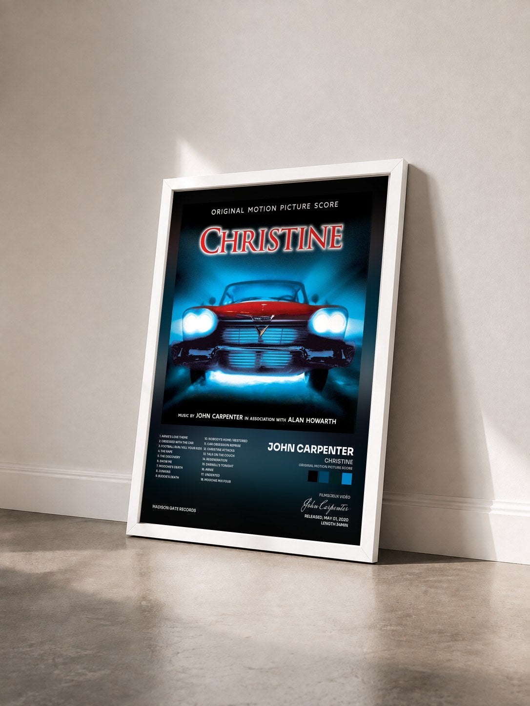 #blanc Tableau de l'album Christine (Original Motion Picture Score) de John Carpenter vu de trois quarts, cadre blanc