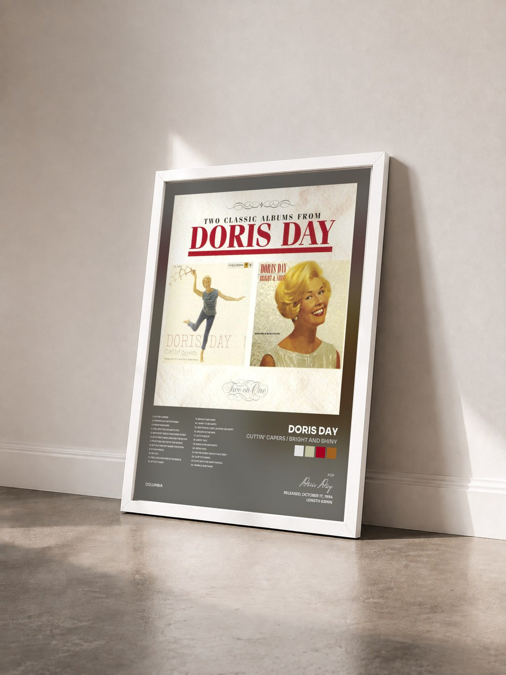 #blanc Tableau de l'album Cuttin' Capers / Bright And Shiny de Doris Day vu de trois quarts, cadre blanc