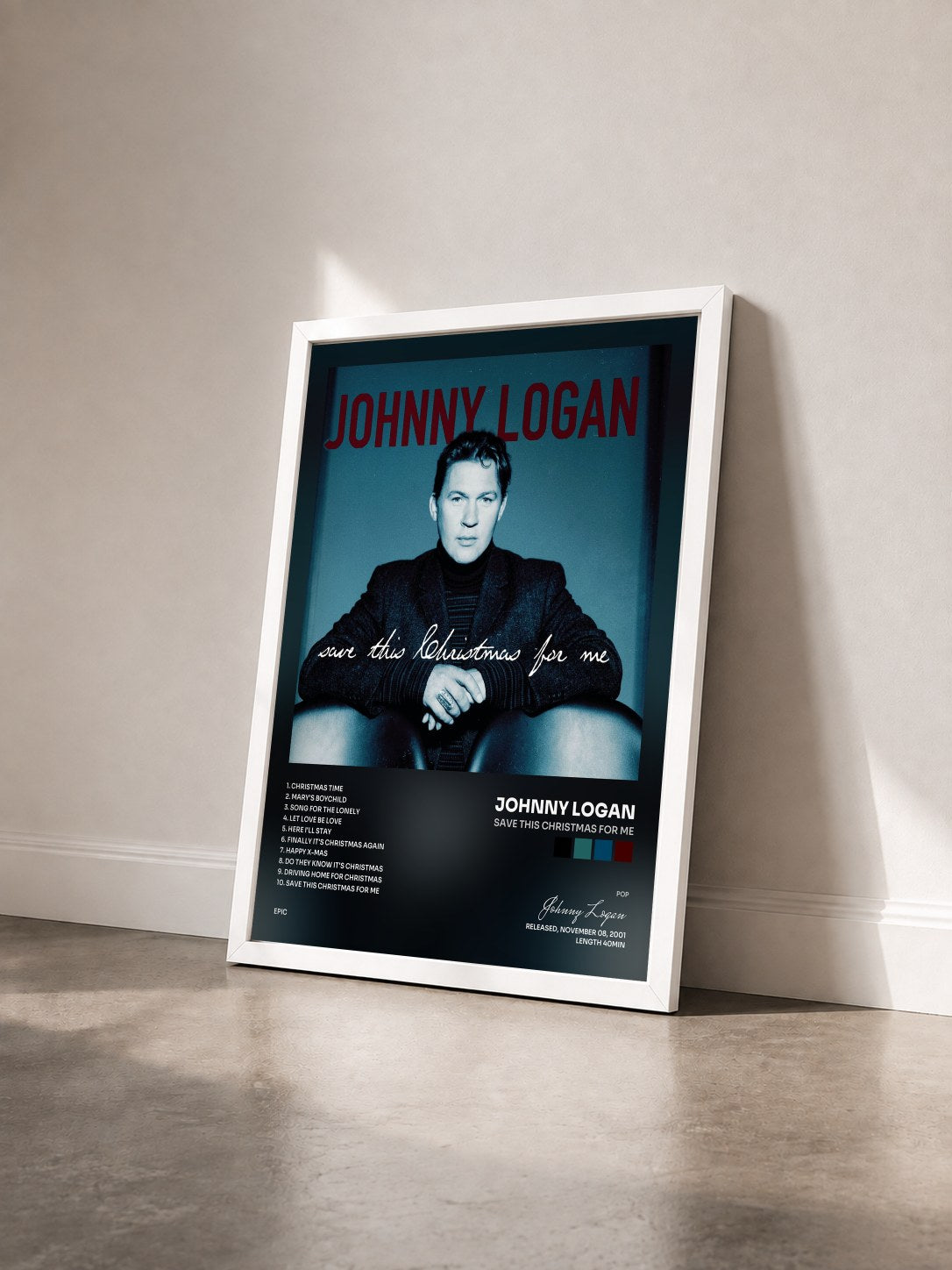 #blanc Tableau de l'album Save This Christmas For Me de Johnny Logan vu de trois quarts, cadre blanc
