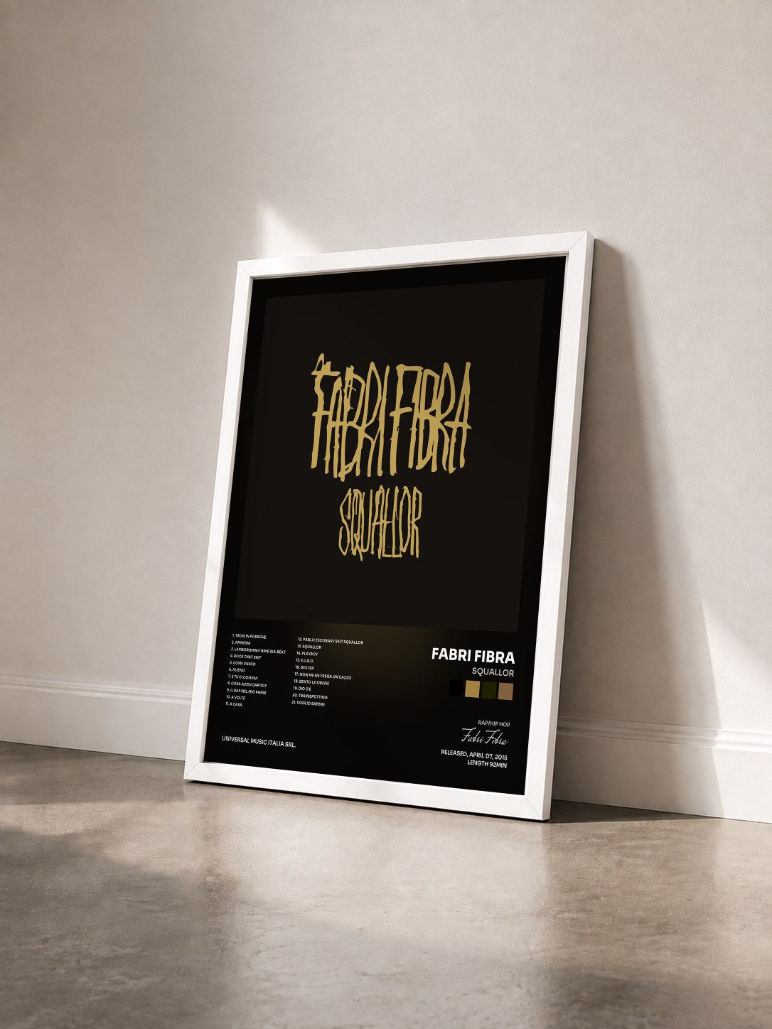 #blanc Tableau de l'album Squallor de Fabri Fibra vu de trois quarts, cadre blanc