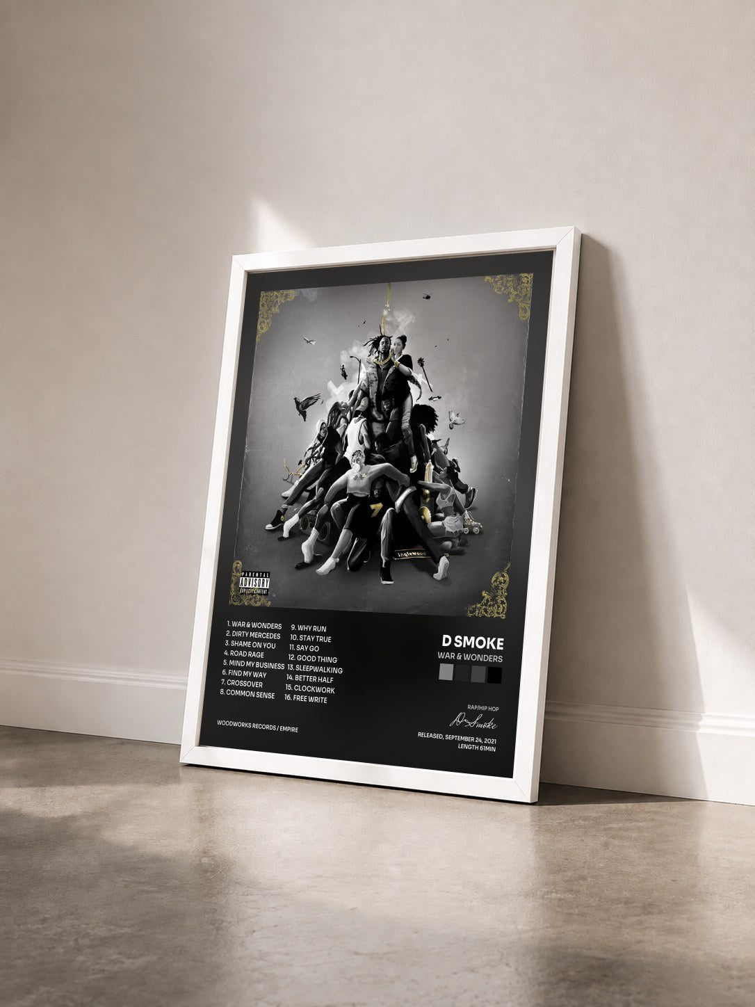 #blanc Tableau de l'album War & Wonders de D Smoke vu de trois quarts, cadre blanc