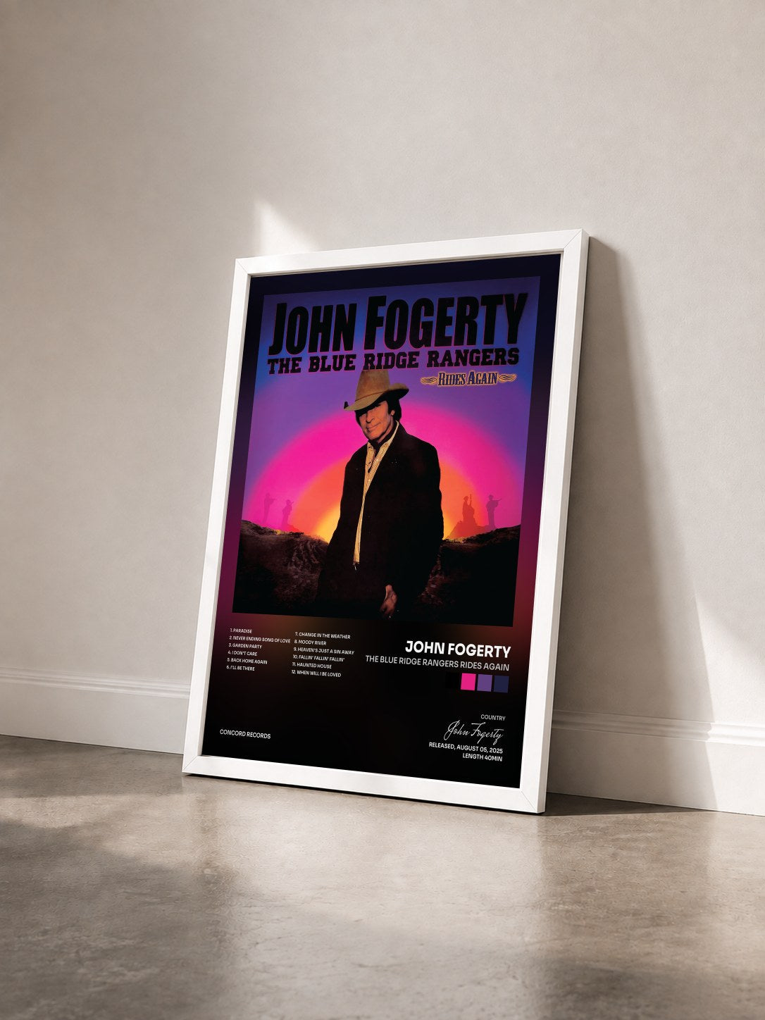 #blanc Tableau de l'album The Blue Ridge Rangers Rides Again de John Fogerty vu de trois quarts, cadre blanc