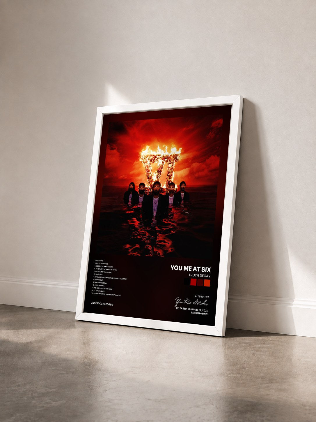 #blanc Tableau de l'album Truth Decay de You Me At Six vu de trois quarts, cadre blanc