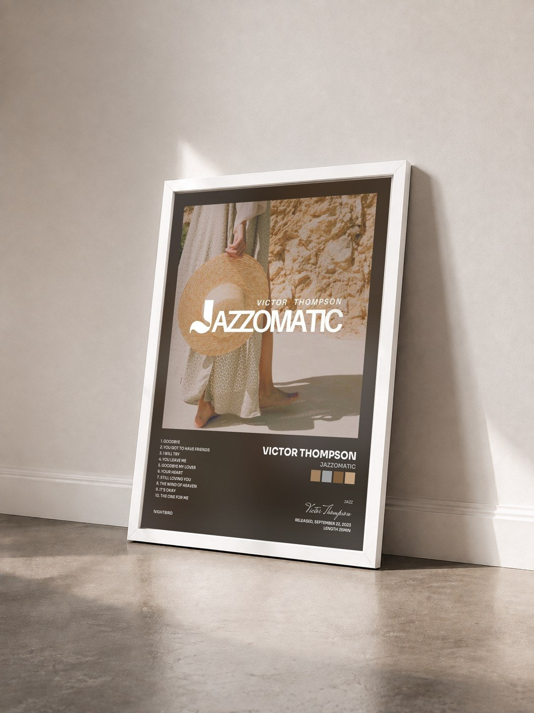 #blanc Tableau de l'album Jazzomatic de Victor Thompson vu de trois quarts, cadre blanc