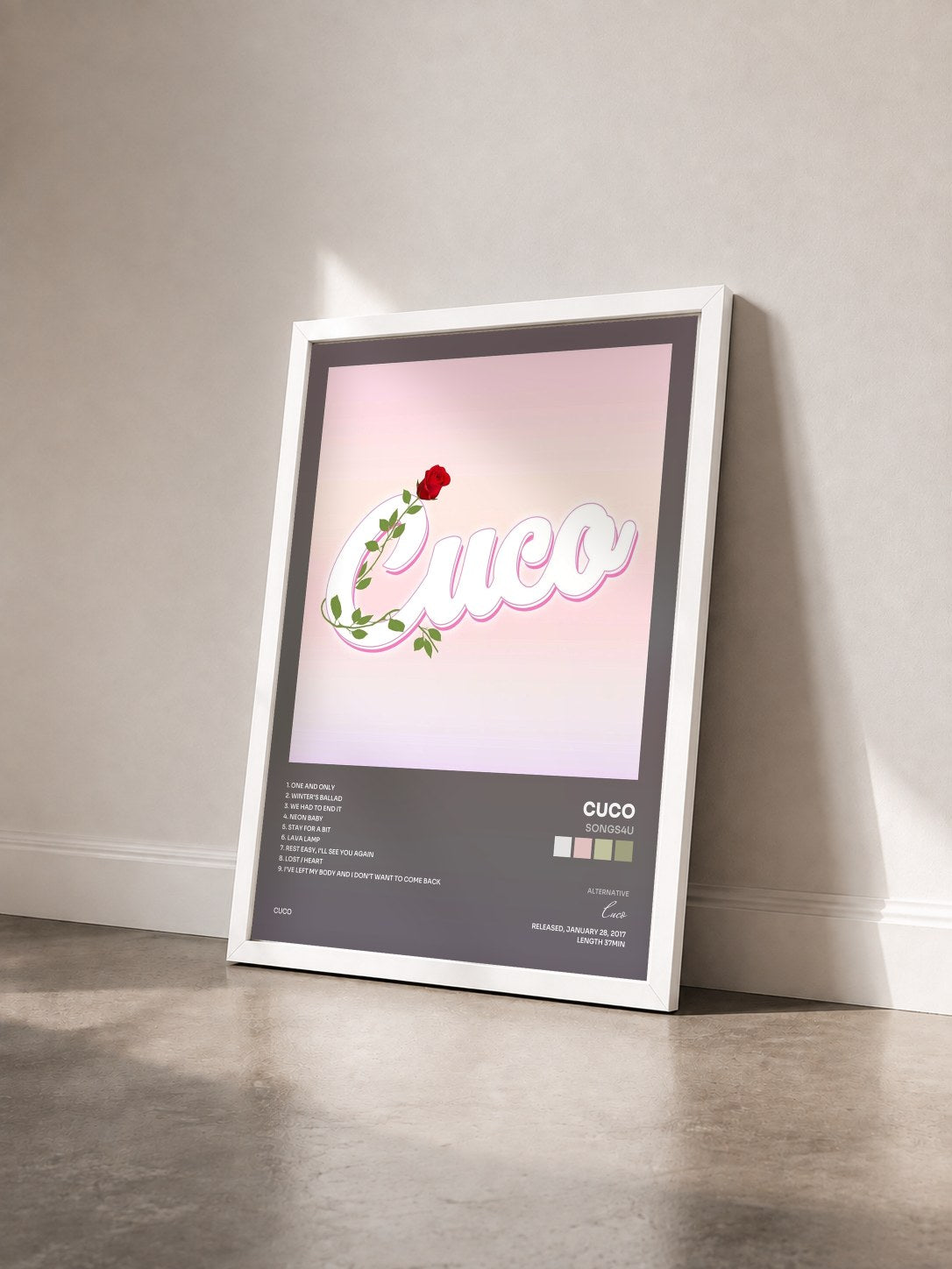 #blanc Tableau de l'album Songs4u de Cuco vu de trois quarts, cadre blanc