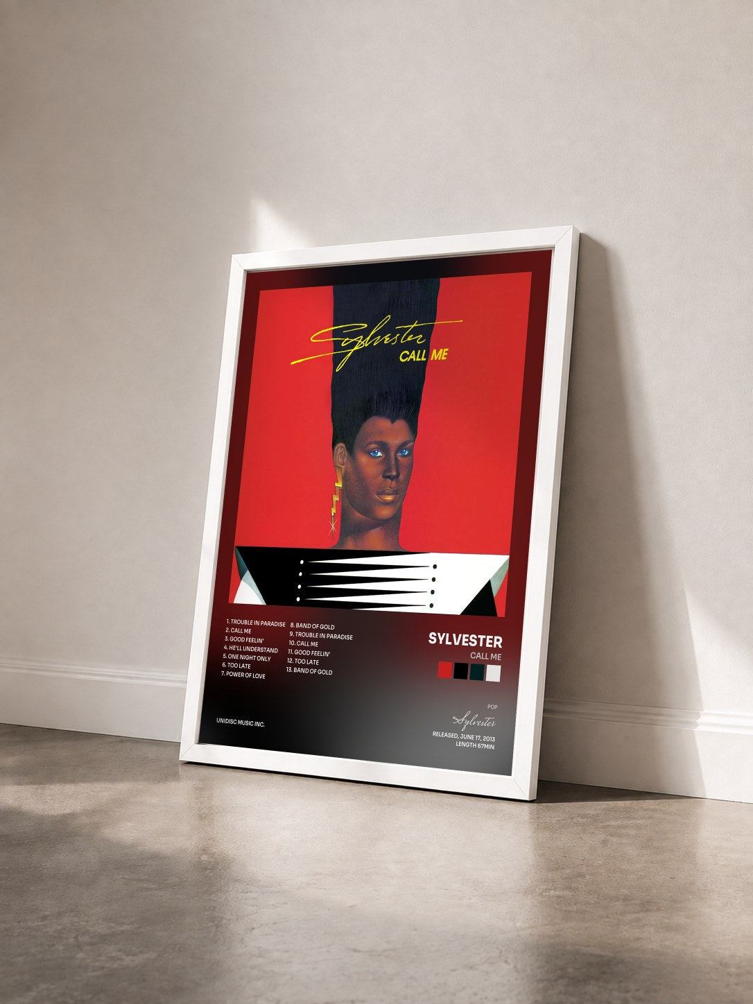 #blanc Tableau de l'album Call Me de Sylvester vu de trois quarts, cadre blanc