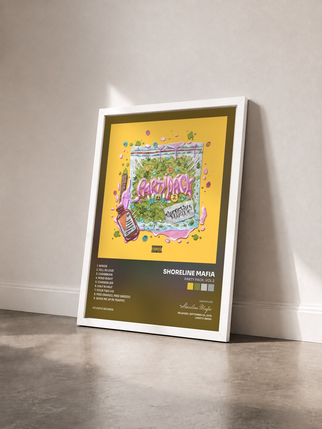 #blanc Tableau de l'album Party Pack. Vol 2 de Shoreline Mafia vu de trois quarts, cadre blanc