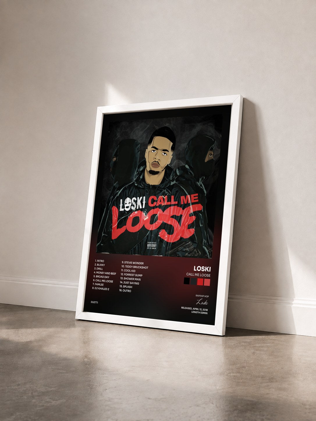 #blanc Tableau de l'album Call Me Loose de Loski vu de trois quarts, cadre blanc
