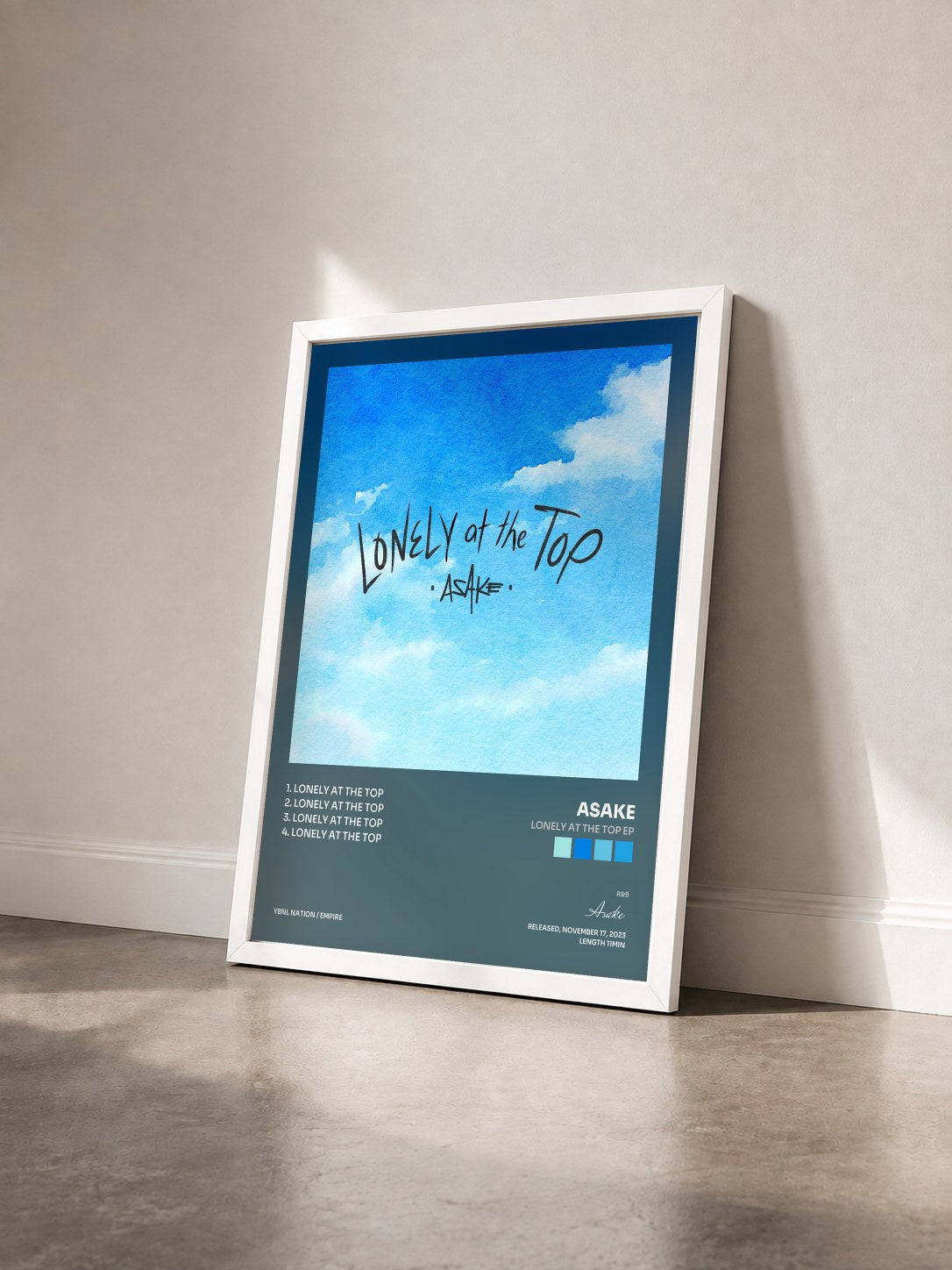 #blanc Tableau de l'album Lonely At The Top EP de Asake vu de trois quarts, cadre blanc