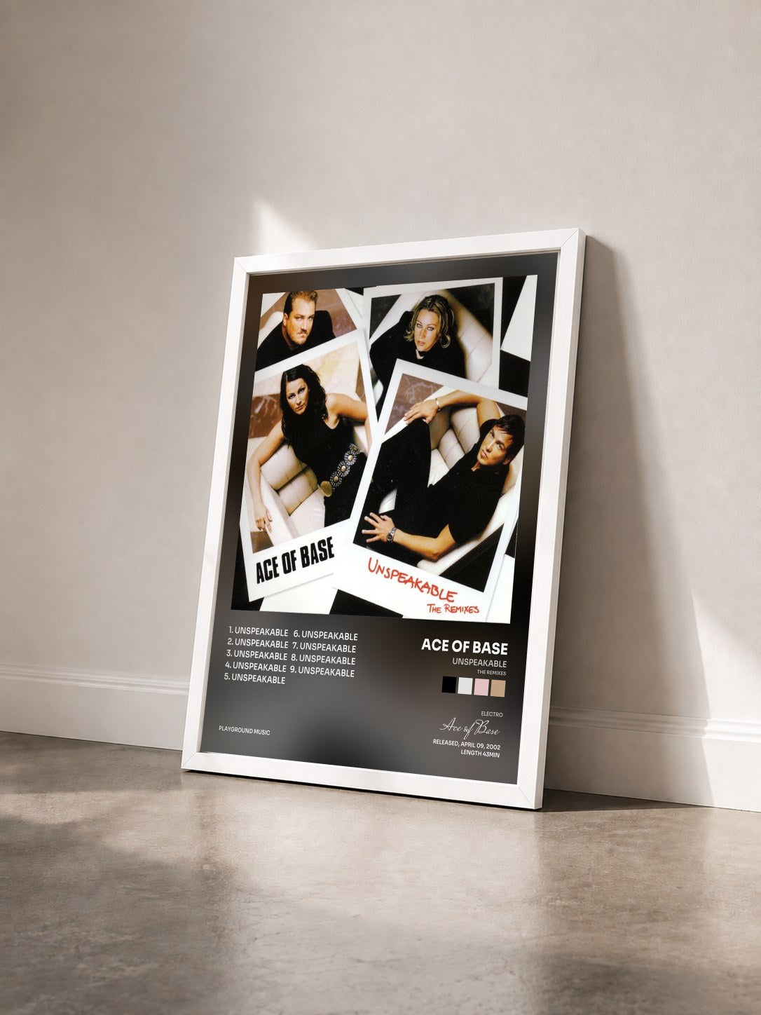 #blanc Tableau de l'album Unspeakable (The Remixes) de Ace of Base vu de trois quarts, cadre blanc