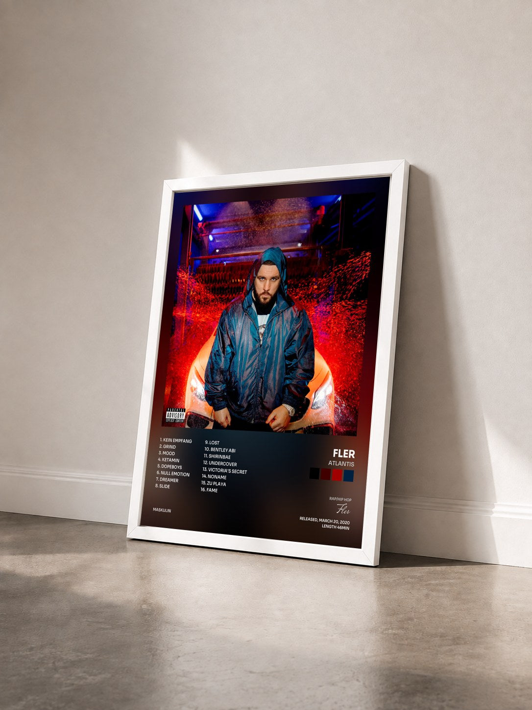 #blanc Tableau de l'album ATLANTIS de Fler vu de trois quarts, cadre blanc