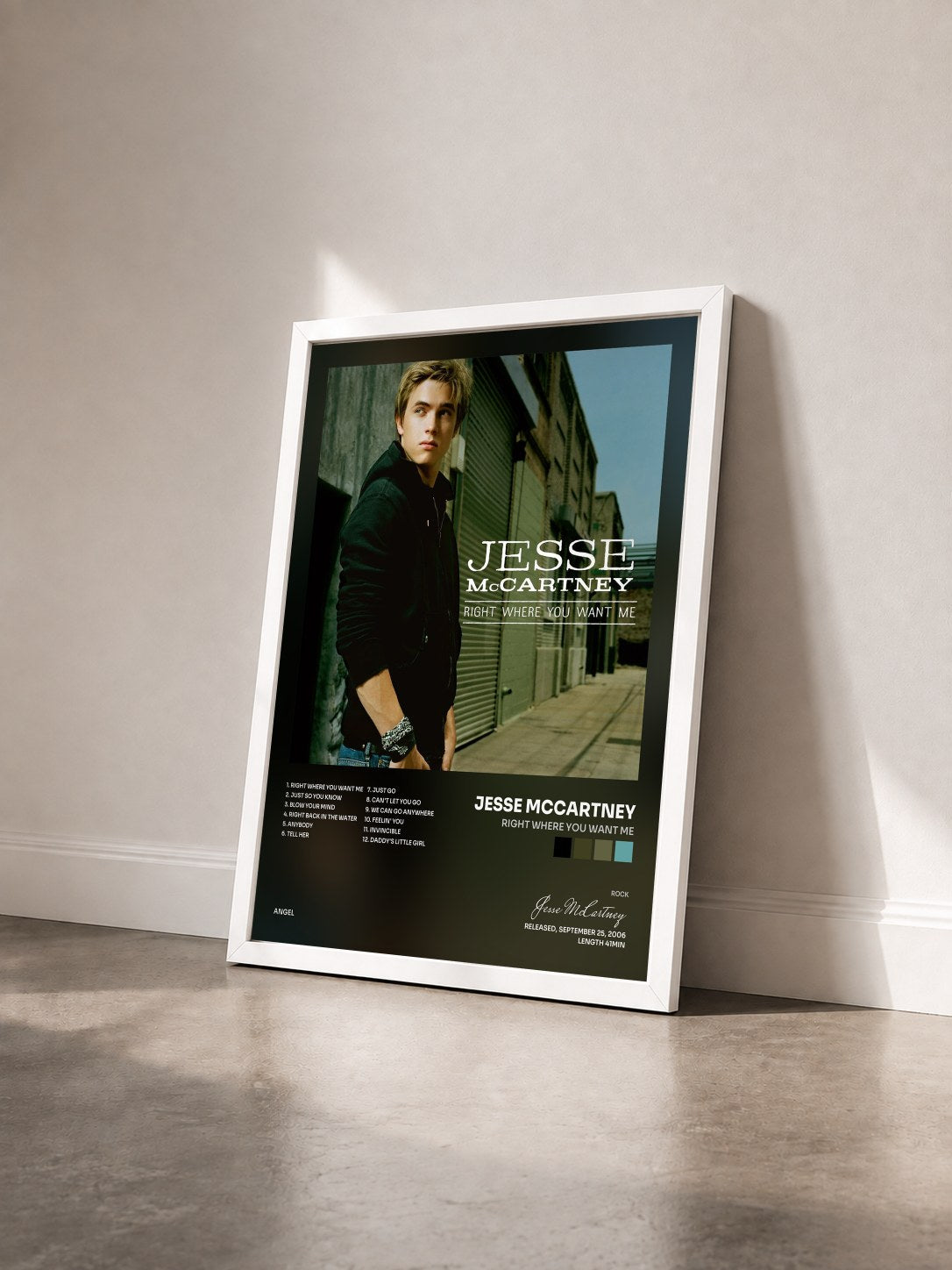#blanc Tableau de l'album Right Where You Want Me de Jesse McCartney vu de trois quarts, cadre blanc