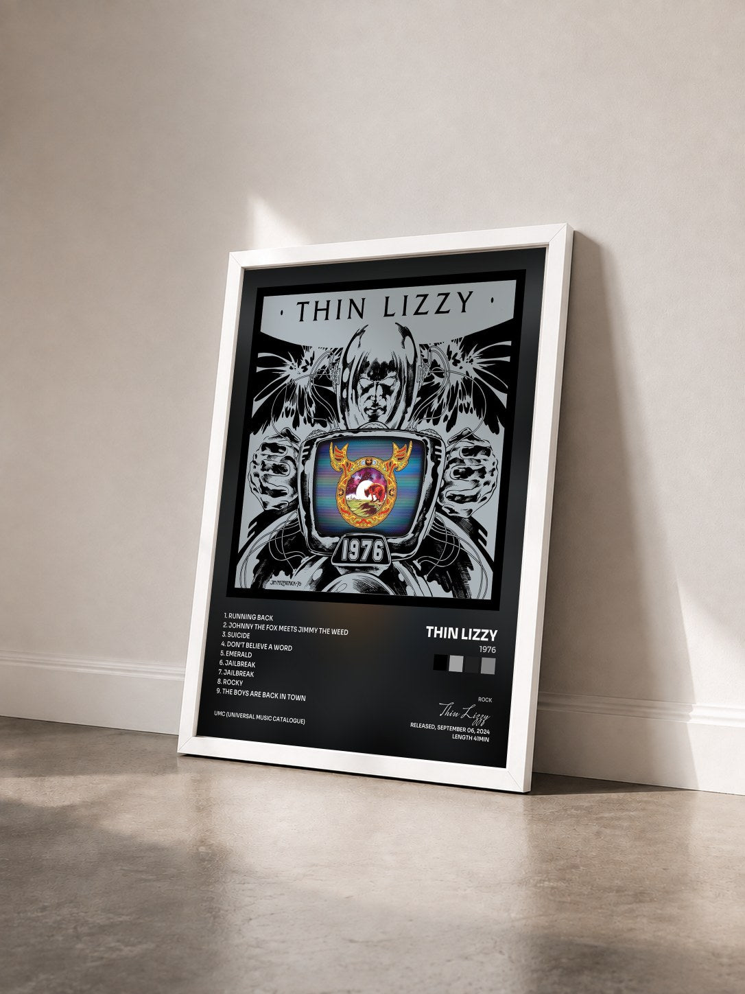 #blanc Tableau de l'album 1976 de Thin Lizzy vu de trois quarts, cadre blanc
