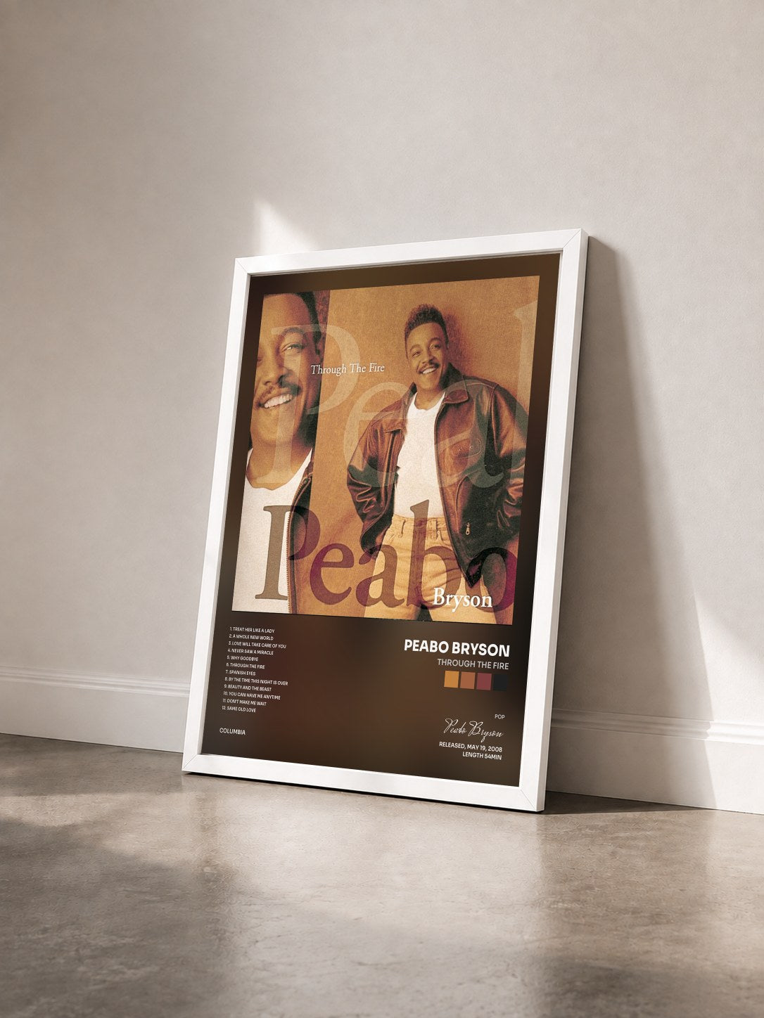 #blanc Tableau de l'album Through The Fire de Peabo Bryson vu de trois quarts, cadre blanc