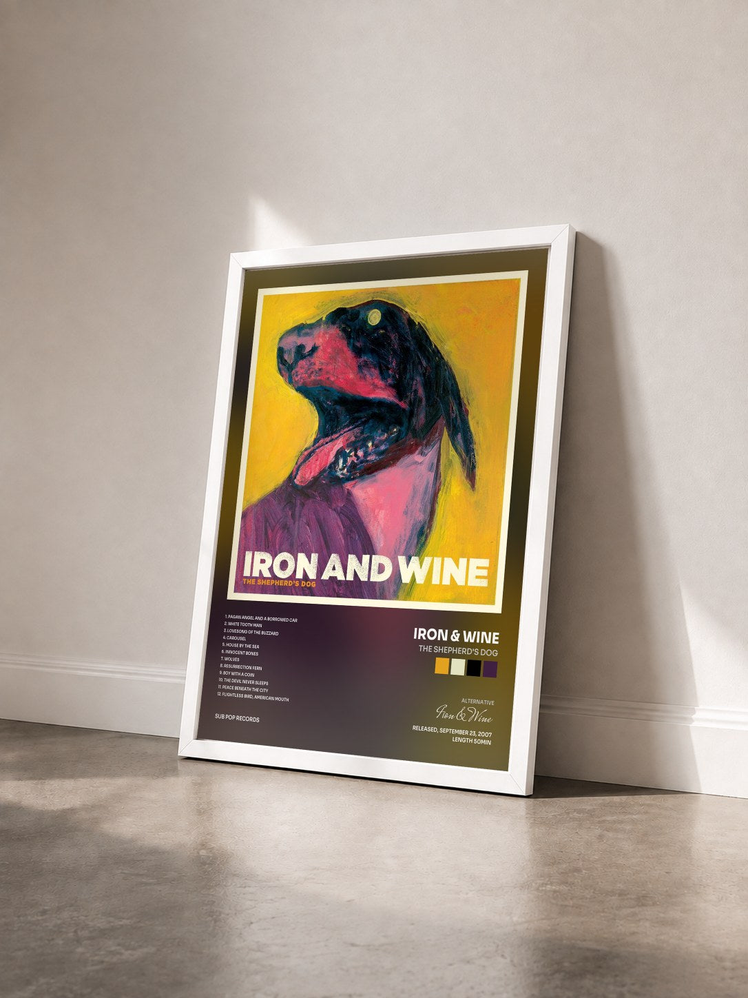 #blanc Tableau de l'album The Shepherd's Dog de Iron & Wine vu de trois quarts, cadre blanc
