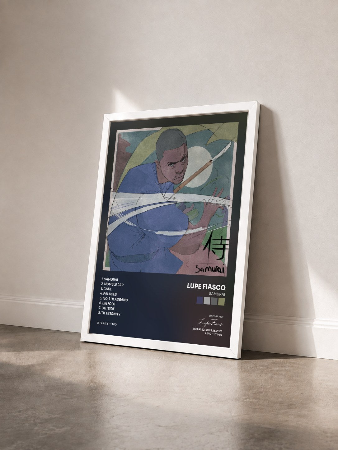 #blanc Tableau de l'album Samurai de Lupe Fiasco vu de trois quarts, cadre blanc