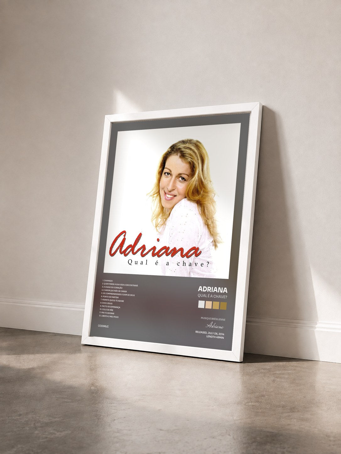 #blanc Tableau de l'album Qual É a Chave? de Adriana vu de trois quarts, cadre blanc