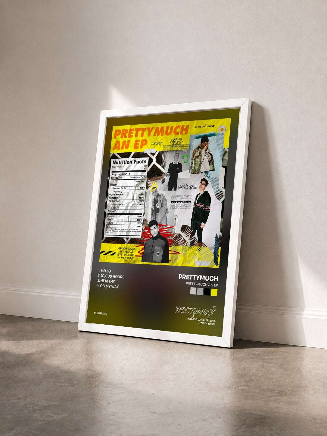 #blanc Tableau de l'album PRETTYMUCH an EP de PRETTYMUCH vu de trois quarts, cadre blanc