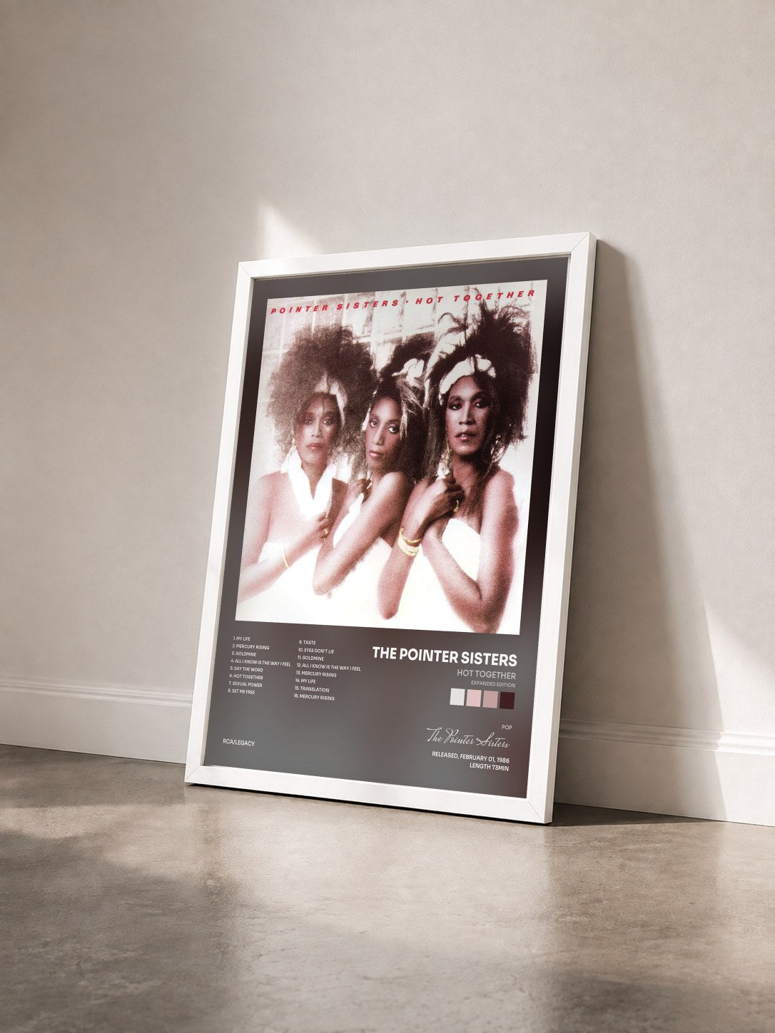 #blanc Tableau de l'album Hot Together (Expanded Edition) de The Pointer Sisters vu de trois quarts, cadre blanc