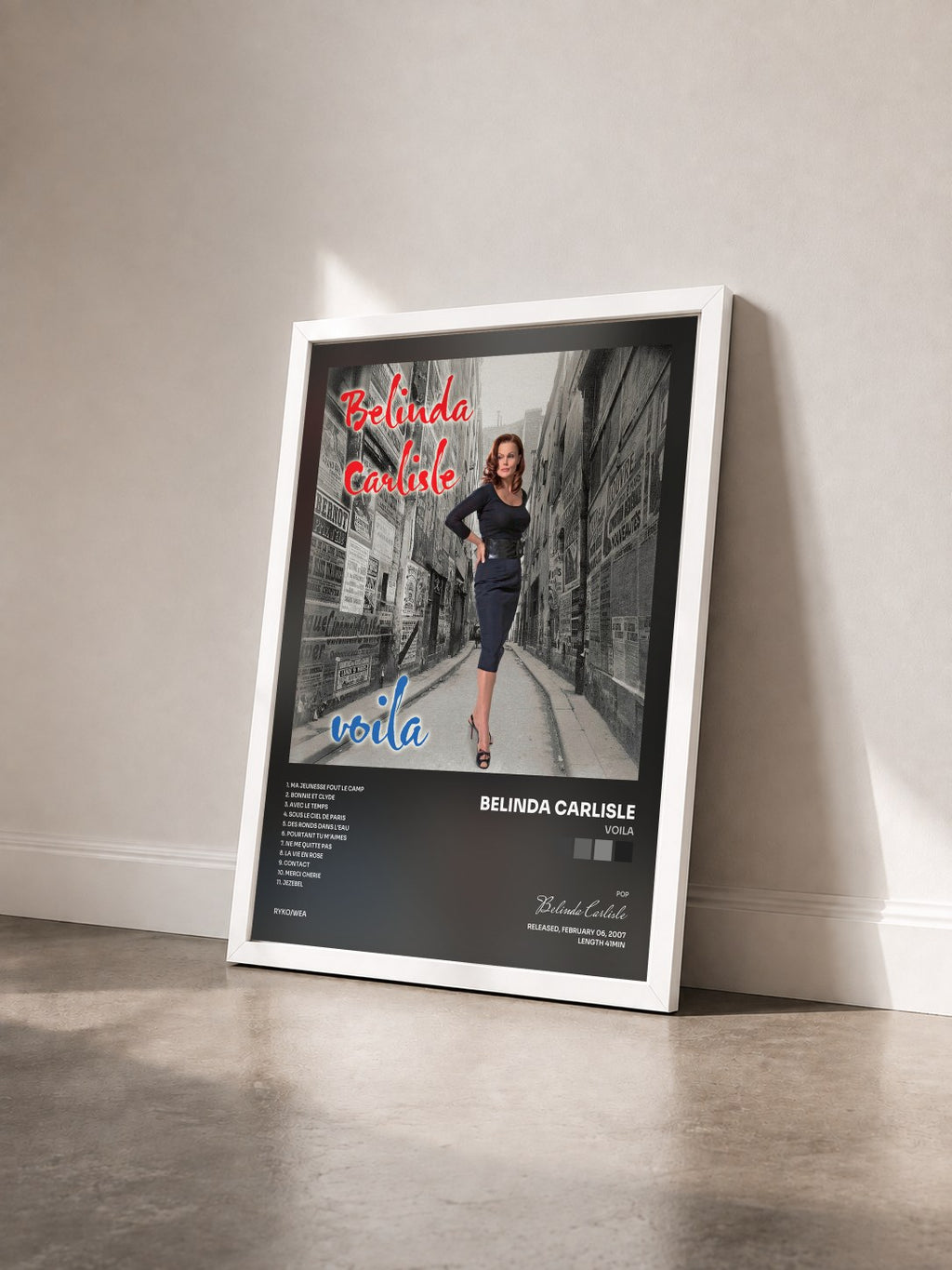 #blanc Voila by Belinda Carlisle as a framed art print seen at an angle, white frame