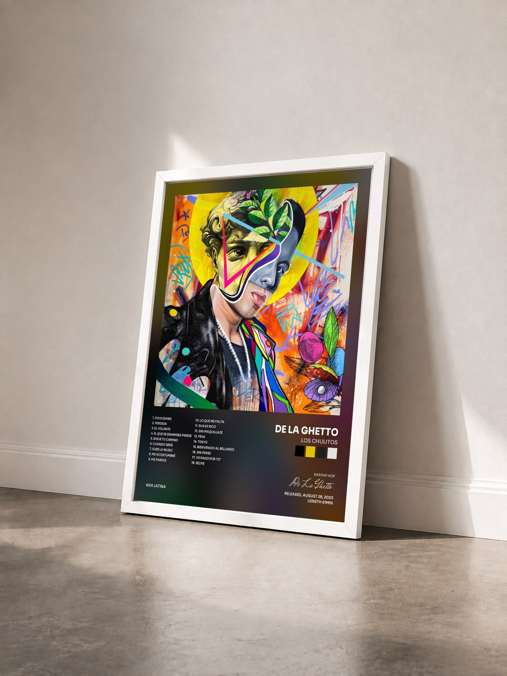 #blanc Tableau de l'album Los Chulitos de De La Ghetto vu de trois quarts, cadre blanc